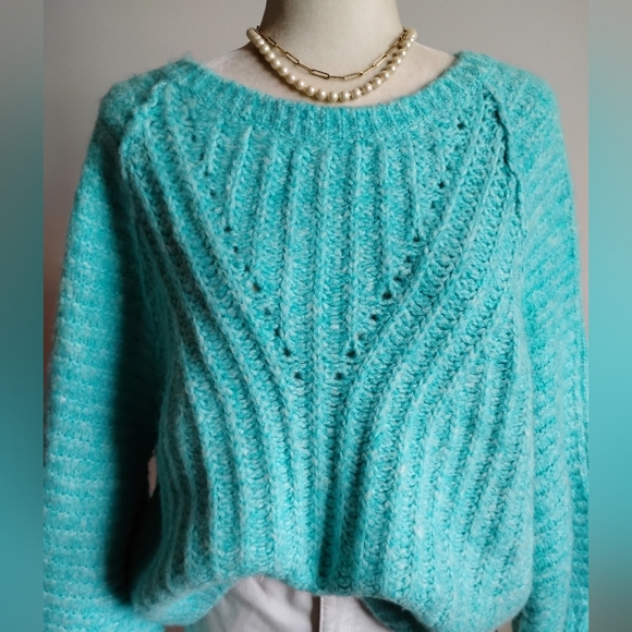 Free People Sweaters - Free People Puff Sleeve Fuzzy Oversized Cropped Sweater Turquoise Colorful Sz M